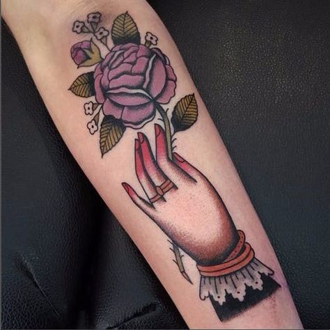 Hand Holding Tattoo, Hand Holding Rose, Hands Holding Flowers, Traditional Tattoo Inspiration, Traditional Rose, Forearm Sleeve, Explore Tattoo, Book Tattoo, Snake Tattoo