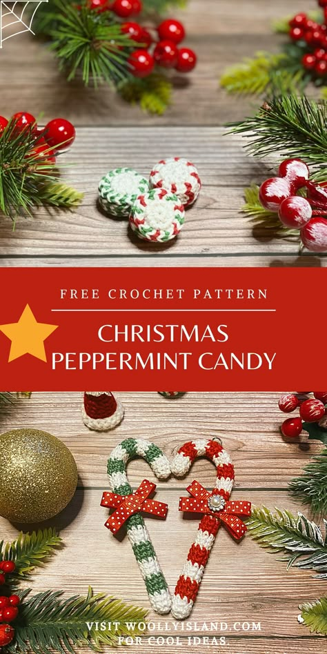 Peppermint Candy Crochet Hat, Peppermint Candy Crochet Pattern, Crochet Candy Cane Ornaments, Crochet Candy Pattern Free, Crochet Candy Cane Pattern Free, Crochet Peppermint Candy, Arugumi Crochet, Easy Crochet Christmas Gifts, Crochet Christmas Candy