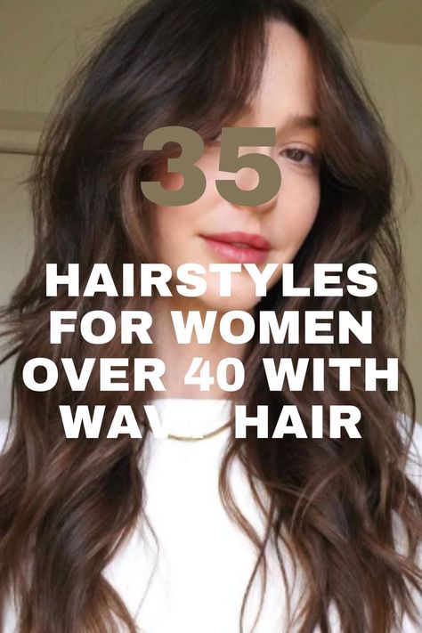 A long, wavy hairstyle with rich brown layers and curtain bangs, offering a soft and romantic look. Hairstyle With Curtain Bangs, Wavy Hair Women, Layers With Curtain Bangs, Women In Their 40s, 40s Hairstyles, Bangs Wavy Hair, Wavy Layers, Natural Wavy Hair, Rich Women