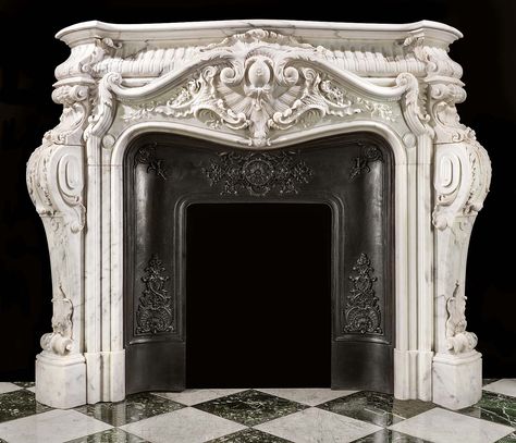 A French Rococo style antique marbke fireplace mantel. French Fireplace Mantel, Antique Fireplace Surround, Rococo Interior, Marble Fireplace Mantel, Marble Fireplace Surround, Marble Home, Marble Fireplace, French Rococo, Coping Stone