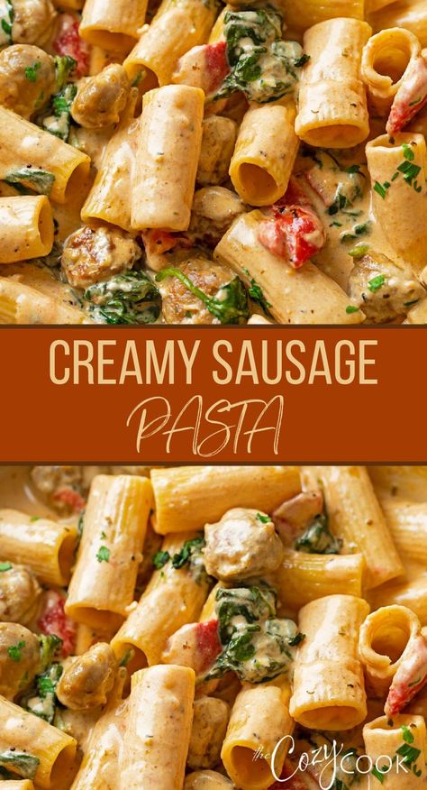 creamy sausage pasta with spinach, peppers, and a creamy cheese sauce Sweet Italian Sausage Recipes, Sausage And Peppers Pasta, Creamy Sausage Pasta, Sausage And Spinach, Spicy Italian Sausage, Sausage Recipes For Dinner, Sausage Dinner, Sausage Pasta Recipes, Italian Sausage Pasta