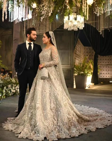 Nikah Outfit Bride And Groom, Walima Outfit For Couple, Republic Bridal Dresses, Walima Outfit For Groom, Silver Desi Wedding Dress, Groom Walima Dress Pakistani, Walima Dresses Pakistani Bride And Groom, Pink Nikkah Outfit, Groom Pakistani Wedding Outfits