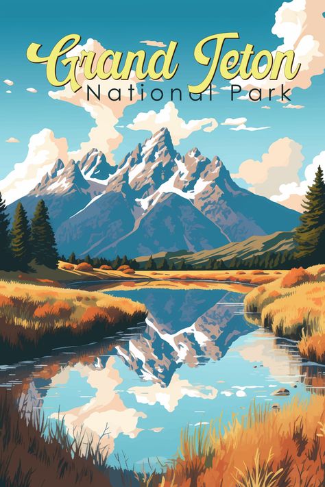 Grand Teton National Park Illustration Retro Poster Wyoming Art, National Park Vintage Poster, National Parks Posters, National Park Illustration, Vintage National Park Posters, Park Illustration, American National Parks, Park Pictures, Old Advertisements