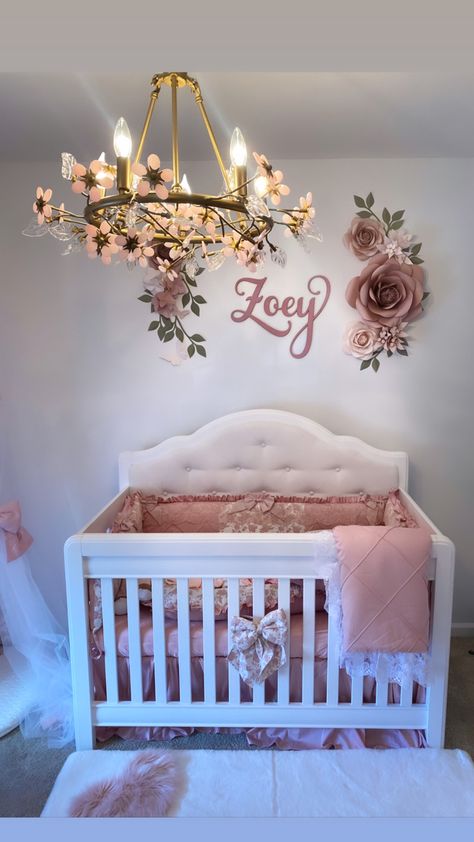 Dusty rose, chandelier, baby room, nursery. Dusty Rose And Gray Nursery, Dusk Pink Nursery, Mauve Nursery Decor, Rose Themed Nursery, Dusty Rose Baby Nursery, Girly Nursery Ideas Pink, Rose Nursery Theme, Dusty Rose Nursery Girl, Dusty Pink Nursery