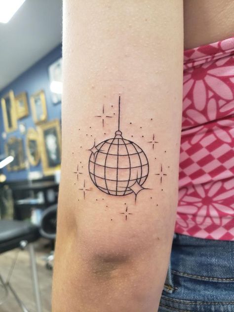 Mirrorball Fine Line Tattoo, Mirrorball Tattoo Taylor Swift Minimalist, Disco Ball Stamp Tattoo, Glitter Ball Tattoo, Disco Ball Planet Tattoo, Small Disco Ball Tattoo, Disco Ball Tattoo Simple, Disco Tattoos, Mirror Ball Tattoo