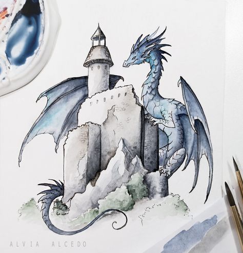 Dragon On Castle Drawing, Dragon Castle Drawing, Dragon On Castle, Watercolor Creatures, Dragons Fantasy Art, Alvia Alcedo, Dragons Drawing, Diy Bong, Castle Drawing