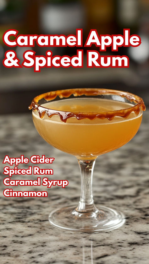 Caramel Apple & Spiced Rum Cocktail Apple Crisp Cocktail, Caramel Rum Cocktail, Thanksgiving Rum Cocktails, Fall Drinks With Spiced Rum, Fall Rum Drinks Cocktail Recipes, Spiced Rum Apple Cider, Apple Cider Drinks Alcohol, Halloween Cocktail Rum, Spiced Rum Fall Cocktails