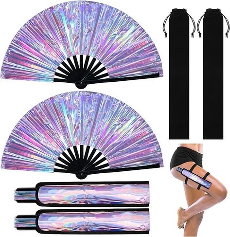 Amazon.com: Anglechic 6 Pcs Large Rave Fan Set with Folding Hand Fan, Fan Holster for Festival Party (Holographic Silver) : Home & Kitchen Fan Holster, Rave Fans, Coachella Fits, Bamboo Fan, Velvet Bags, Folding Fans, Folding Hand Fan, Folded Hands, Rave Accessories