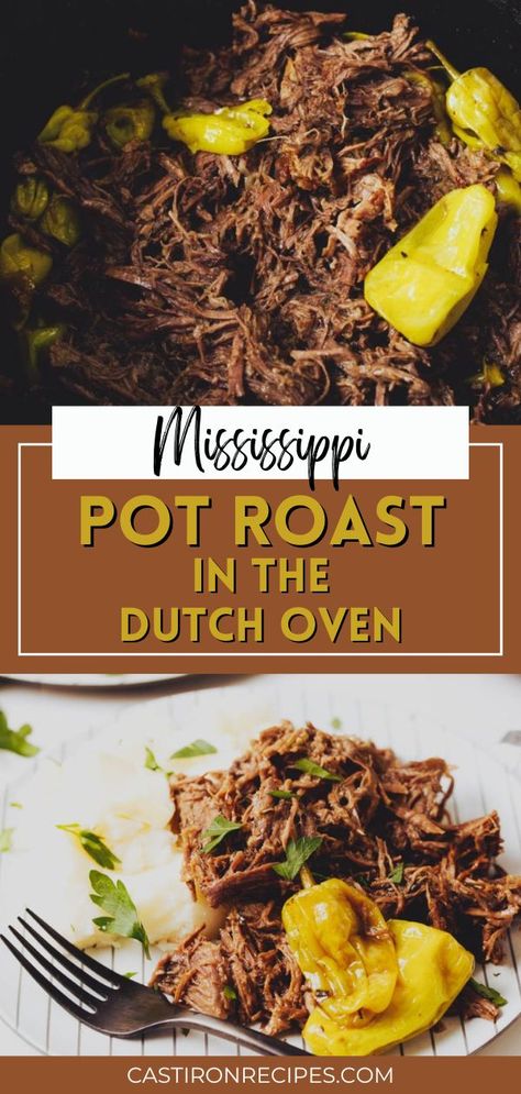 This mississippi pot roast in a dutch oven is made with simple ingredients for a hearty weekend meal. Shredded beef combined with the comforting taste of butter, oil, and seasonings for an irresistible flavor the whole family will love! Better still, this Mississippi Pot Roast is scratch-made without an au jus or ranch packet. This is a recipe the whole family will love! Missippi Pot Roast In Oven, Mississippi Roast In Oven, Oven Baked Mississippi Pot Roast, Mississippi Pot Roast Stove Top, Mississippi Pot Roast Dutch Oven, Italian Beef Dutch Oven, Mississippi Pot Roast Oven Recipe, Dutch Oven Mississippi Pot Roast, Beef Roast Dutch Oven