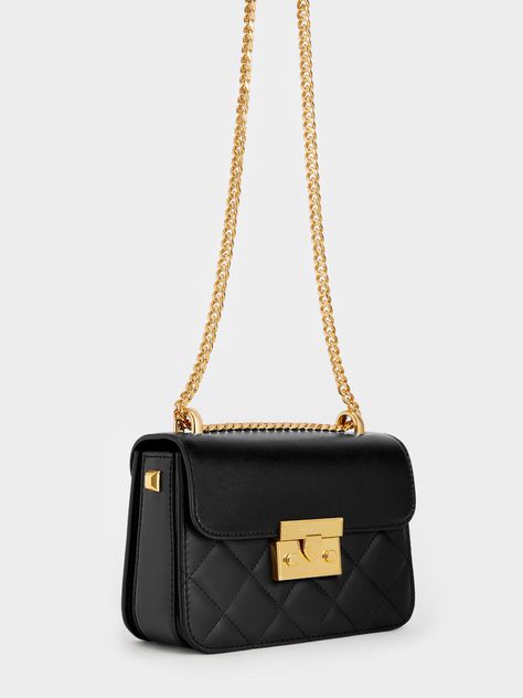 Black Metallic Push-Lock Chain Bag - CHARLES & KEITH International Black Side Bag, Lock Chain, Aesthetic Bags, Fashion Top Outfits, Handbag Outfit, Gold Handbags, Fancy Bags, Side Bags, Charles Keith