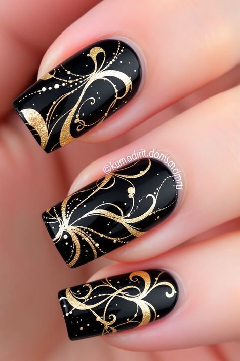 Elevate your nail game with these 50 gold and black nail designs.  From minimalist gold accents to bold geometric patterns, these designs offer a mix of chic and statement-making looks. Explore gold and black nails acrylics, negative space designs, and intricate gold patterns for a luxurious and eye-catching manicure. Find inspiration for your next nail art with these trendy and versatile designs. Gold And Black Nails Acrylics, Gold And Black Nail Designs, Gold Black Nails, Gold Nail Art Ideas, Glossy Black Nails, Black And Gold Nail Art, Black And Gold Nail Designs, Gold And Black Nails, Gold Glitter Tips