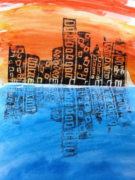 Art with Mrs. Elliott : Skyline Prints- RES Skyline Image, Printmaking Projects, Reflection Painting, Reflection Art, 4th Grade Art, Watercolor Water, City Sky, Art Lessons For Kids, Printmaking Art