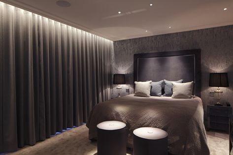 Penthouse Bedroom | John Cullen Lighting Bedroom Lamps Design, Penthouse Bedroom, Recessed Wall Niche, Bedroom Lighting Design, Pitched Ceiling, Lighting Design Inspiration, Star Lights On Ceiling, Bedroom Interiors, Bedroom Bliss