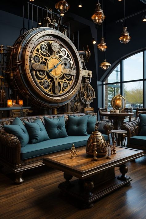 A Modern Steampunk Style Apartment Room Steampunk Living Room Ideas, Steampunk Garage, Steampunk Interior Design, Modern Steampunk, Garage Clock, Steampunk Ship, Comfy Cozy Home, Steampunk Interior, Modern Apartment Living Room