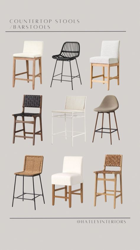 round up of my favorite countertop / bar stools !! dining furniture, kitchen seating, upholstered kitchen stools, black kitchen stools, woven kitchen stools, home decor #LTKFind Follow my shop @HatleyInteriors on the @shop.LTK app to shop this post and get my exclusive app-only content! #liketkit #LTKsalealert #LTKhome @shop.ltk https://liketk.it/4a1VR Countertop Stools Islands, Bar Stool Ideas For Kitchen Island, Black Kitchen Stools, Cline Counter Stool, Countertop Chairs, Countertop Stools, White Cabinets Black Countertops, Countertop Bar, Black Countertops