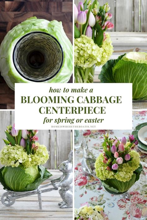 How to make a Blooming Cabbage Centerpiece for Spring or Easer | ©homeiswheretheboatis.net #diy #flowerarrangement #centerpiece #cabbage #spring #tablescape #bunnies #easter Low Spring Centerpieces, Easter Flower Centerpieces, Spring Floral Table Centerpieces, Cabbage Flower Arrangement, Easter Table Arrangements, Spring Table Arrangements, Easter Bouquets Floral Arrangements, Easter Flowers Arrangements, Easter Centerpieces Table