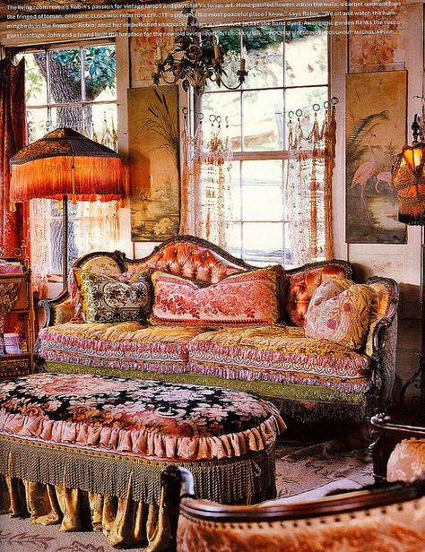 ⋴⍕ Boho Decor Bliss ⍕⋼ bright gypsy color & hippie bohemian mixed pattern home decorating ideas - Magnolia Pearl Ranch, via Flickr Victorian Bohemian Decor, Bohemian Decor Inspiration, Boho Lighting, Victorian Living Room, Boho Chique, Bohemian Living Rooms, Estilo Shabby Chic, Boho Furniture, Victorian Furniture