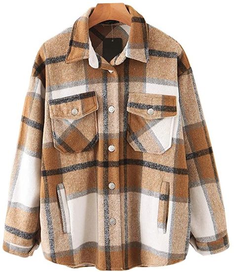 Womens Casual Wool Blend Plaid Lapel Button Down Long Sleeve Shacket Jacket Coat Winter Loose Oversize Shirts at Amazon Women’s Clothing store Vestiti In Jeans, Casual Plaid Shirt, Plaid Shirt Women, Checkered Jacket, Plaid Shacket, Flannel Jacket, Tweed Coat, Plaid Coat, Loose Shirts