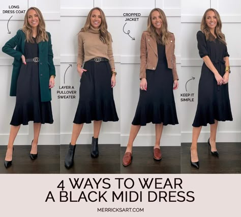 Black Midi Dress Outfits (4 Cute Looks) - Merrick's Art Midi Dress Jacket Outfit, 1 Dress Multiple Outfits, Fall Black Midi Dress Outfit, Black Midi Dress Street Style, Cardigan For Black Dress, Midi Black Dress Outfit Winter, Belted Dress Outfit Winter, Long Black Dress Casual Winter, Black A Skirt Outfit