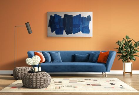 Blue Sofa Orange Wall, Blue Couch Orange Wall, Blue Sofa Wall Color, Blue Sofa Color Combinations, Blue Sofa Living Room Color Combinations, Burnt Orange Living Room Decor, Living Room Design Blue, Burnt Orange Living Room, House Paints