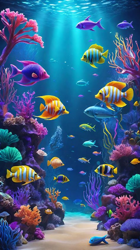 Under The Sea Wallpaper, Ocean Creatures Art, Ocean Life Art, Animals Background, Aquarium Live Wallpaper, Live Fish Wallpaper, Sea Life Animals, Hand Painted Wooden Box, Animal Caricature