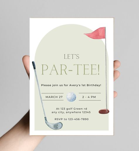 Hole In One First Birthday Invitation, First Birthday Hole In One, Hold In One First Birthday, Golf Theme First Birthday Party, Hole In 1 First Birthday, Golf 1st Birthday Party, Golf First Birthday Party, Dates Background, Hole In One Birthday Party