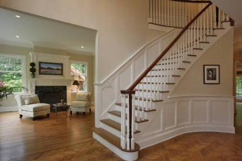 could start the wainescotting under the stairs and carry into the great room? Center Hall Colonial Living Room, Colonial Living Room Ideas, Colonial Staircase, Georgian Colonial House, Colonial House Interior Design, Colonial Renovation, Colonial Remodel, Colonial House Interior, Colonial Living Room