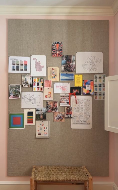 How to Make a Lightweight, Fabric-Covered Pinboard for Your Home Office - The Aesthetics of Joy by Ingrid Fetell Lee Cork Walls Bedroom, Work Office Picture Display, Colorful Studio Apartment Ideas, Desk With Pinboard, Office With Cork Board, Pin Board Office, Diy Pinboard How To Make, Cork Boards Ideas For Bedroom, Diy Fabric Cork Board