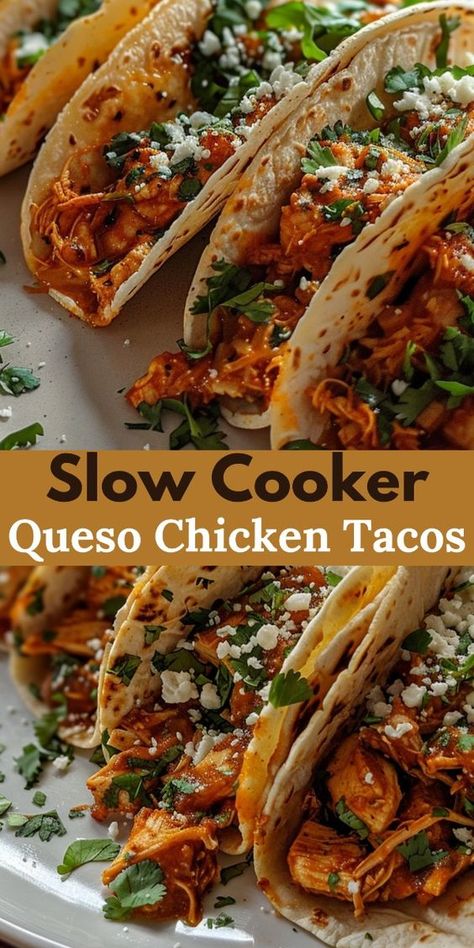 These tacos are a game-changer! Imagine tender, juicy chicken bathed in creamy queso, all wrapped up in a warm tortilla.

And with minimal prep time plus the convenience of a slow cooker, you can enjoy a hearty and satisfying summer crockpot meal with ease. Slow Cooker Queso Tacos, Fun Crockpot Dinners, Southern Dinner Recipes For Family, Tri Tip Tacos Slow Cooker, Summer Taco Recipes, Chicken Taco Crockpot Recipes, Tailgate Crockpot Food, Best Chicken Tacos Recipe, Crockpot Chicken Sandwich Recipes