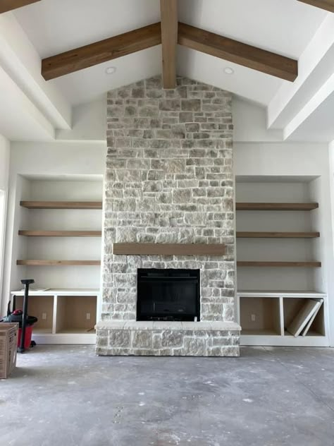 Farmhouse Fireplace Stone, Fireplace To Ceiling, Cathedral Ceiling Living Room, Stone Fireplace Makeover, Fireplace Inspiration, Family Room Remodel, Vaulted Ceiling Living Room, Fireplace Stone, Built In Shelves Living Room