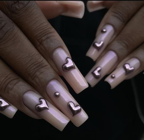 Detailed Nails, Long Square Nails, Chrome Nails Designs, Drip Nails, Bling Acrylic Nails, Girls Nails, Minimalist Nails, Heart Nails, Fire Nails