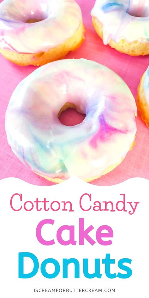 baked cotton candy donuts with text overlay Cotton Candy Icing, Cotton Candy Donut, Cotton Candy Cheesecake Recipes, Cotton Candy Cupcakes Recipe, Cotton Candy Pound Cake, Cotton Candy Cake Recipe, Easy Cake Donut Recipe, Cotton Candy Recipes, Cotton Candy Treats