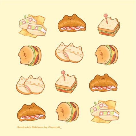 Cute Sandwich Drawing, Kawaii Food Art, Sandwich Illustration, Sandwich Drawing, Sandwich Art, Crystals Art Drawing, Animal Shaped Foods, Idle Game, Chibi Food