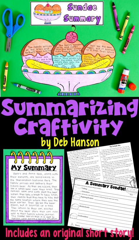 This is an engaging summarizing activity where your students read an original short story. After they have finished reading, students identify the characters, setting, beginning/problem, middle/events, end/resolution, and theme on the individual pieces of the sundae. Finally, students use their pieces to write a complete summary! Summarizing Fiction, Summarizing Activities, Summary Activities, 5th Grade Ela, Summary Writing, Elementary Teaching, 5th Grade Reading, 4th Grade Reading, Story Structure