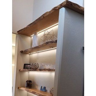 Live Edge Floating Shelves You'll Love in 2021 - VisualHunt Bar With Floating Shelves, Room Floating Shelves, Timber Floating Shelves, Live Edge Floating Shelves, Wood Shelf Brackets, Walnut Floating Shelves, Floating Shelf With Drawer, Craft Shelves, Live Edge Shelves