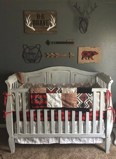 For a nursery that’s inspired by the outdoors and hunting, looking into buffalo plaid, forest friends decor, and somewhat of a masculine lumberjack theme. Wood textures and rustic color schemes are very popular with a woodland hunting themed nursery. You can still keep it playful by changing it up with different textures and colors. You … Nursery Ideas Boy, Woodland Crib Bedding, Woodland Crib, Baby Boy Crib Bedding, Crib Bedding Boy, Baby Boy Cribs, Boys Crib, Baby Boy Room Nursery, Plaid Baby