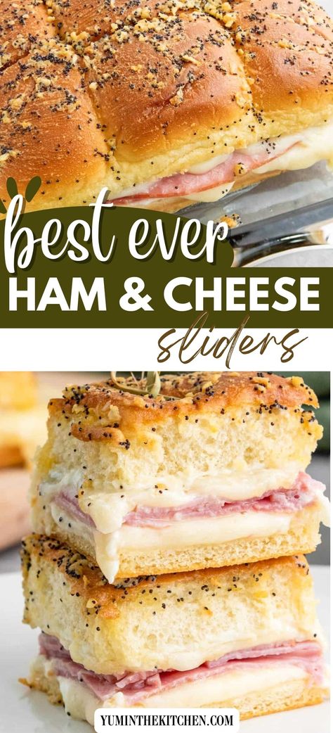 Looking for an easy slider recipe? These ham and cheese sliders are the easiest, most delicious sandwiches! Savory ham and melty swiss cheese make for an amazing appetizer or even easy dinner idea! Little Hammies Sandwiches, Ham And Havarti Cheese Sliders, Cold Ham And Cheese Sandwiches, Sides For Ham And Cheese Sliders, Hand And Cheese Sliders, Han And Cheese Sliders, Best Ham And Cheese Sliders, Easy Ham And Cheese Sliders, Hot Ham And Cheese Sandwiches