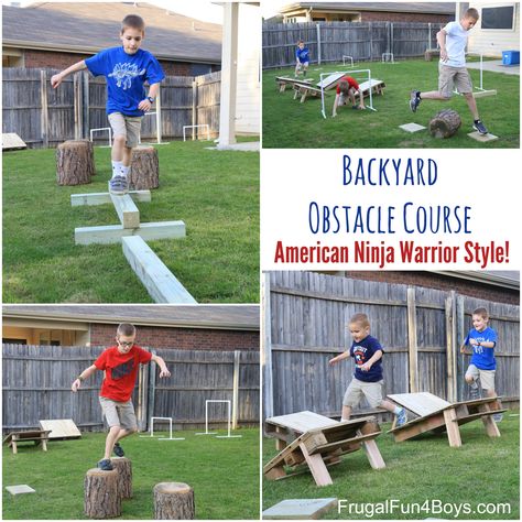 This backyard obstacle course is easy to create and will lead to hours of outdoor fun. Ninja Warrior Backyard, American Ninja Warrior Obstacles, American Ninja Warrior Party, Backyard Games Kids, Backyard Obstacle Course, Ninja Warrior Course, Kids Obstacle Course, Ninja Birthday, Ninja Party