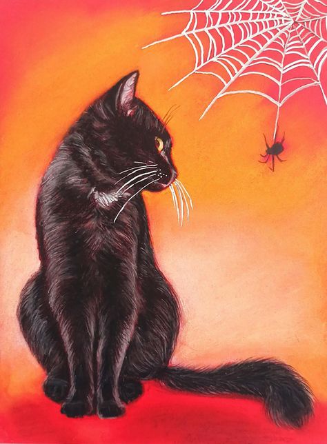 Original black cat painting, Halloween art, Black cat pastel painting, Pet portrait, Cute Halloween cat, Gift For Halloween mystical cat, Black cat painting Black mystical cat Halloween art Original black cat portrait, Cat portrait drawing, Halloween pumpkin, Gift for Halloween Size: 8x11 inches Original colorful drawing. The picture is unframed and needed to keep framed under the glass, prevent from direct sunlight. Materials: pastel, pastel pencils, red art paper. 100% hand painted.  Introducing an original black cat painting that captures the essence of Halloween art! This stunning black cat pastel drawing is the perfect pet portrait for any cat lover. The cute Halloween cat is depicted on an 8x11 inches paper with a red background, creating a mystical atmosphere that is perfect for the Artwork Animals, Thanksgiving Cat, Art For Halloween, Mystical Cat, Drawing Halloween, Crayons Pastel, Black Cat Painting, Colorful Drawing, Painting Halloween