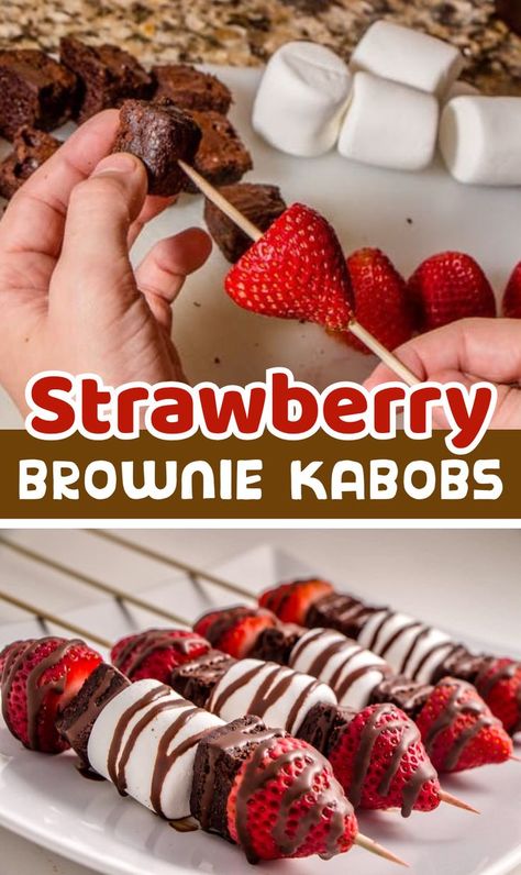 A fun and easy party treat! I love easy desserts that make people go WOW! Strawberry Brownie Kabobs are just that. This quick and easy recipe uses only a few ingredients and there are so many variations too. Perfect for Holidays, themed events, birthday parties, or just because! You could even use store-bought brownies to make them extra lazy. They look beautiful on the dessert table, they hard to resist. The kids loved helping me make these! Everything is better on a stick. Brownie Kabobs, Strawberry Kabobs, Kids Dessert Table, Dessert Table Birthday Party, Easy Party Treats, Strawberry Brownie, Dessert Kabobs, Finger Desserts, Dessert Table Birthday