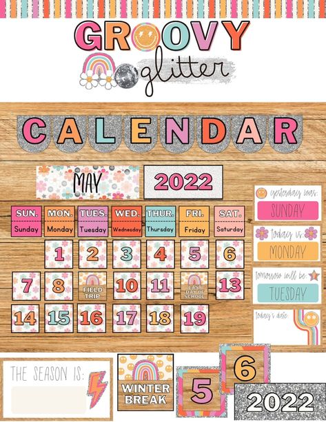 Groovy Glitter Classroom Calendar editable Features - Etsy South Africa Groovy Glitter Classroom, Calendar Classroom, Classroom Alphabet, Elementary Classroom Themes, Classroom Goals, Classroom Calendar, Elementary Classroom Decor, Event Card, Classroom Theme