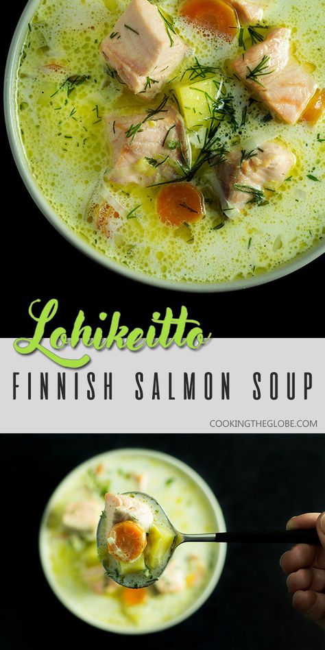 The best salmon soup ever. Hands down. This Finnish creation, called Lohikeitto, is creamy, hearty, and really easy to make. Ready in 30 minutes, it's destined to become your new favorite! #salmon #soup #Finnish #Finland Finnish Salmon Soup, Finnish Food, Salmon Soup, Scandinavian Recipes, Finnish Recipes, Best Salmon, Fish Soup, Soup And Stew, International Food