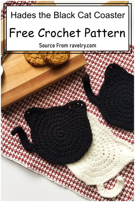 50 Unique Easy Free Crochet Coaster Patterns Black Crochet Pattern, Cat Themed Crochet Patterns, Free Crochet Patterns Black Yarn, Cat Themed Crochet, Cat Butthole Coasters Free Crochet, Black Cat Crochet Pattern Free, Crochet Cat Coasters Free Pattern, Cat Coasters Crochet Free Pattern, Crochet Cat Coaster Pattern