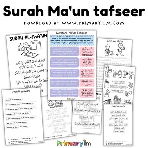 Download and print this surah maun tafseer for kids at www.primaryilm.com. We have lots of surah tafseer packs that you can download once you become a member. We also have a tonne of free worksheets and activity packs for kids. #surahsforkids #surahforkids #surahtafseerkids #surahmaun #primaryilm Surah Maun, Islamic Books In Urdu, Best Islamic Books, Islamic Books For Kids, Muslim Kids Activities, Quote Islam, Islamic Books, Muslim Kids, Free Worksheets