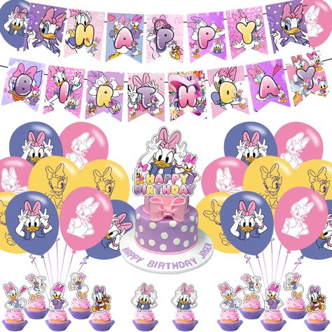 PRICES MAY VARY. Daisy Duck Package Including: 1set happy birthday banner, 1 cake topper, 12 cupcake toppers, 18 Latex Balloons with 3 designs. Abundant styles for you and your guests an unforgettable and surprise birthday party. Great Birthday Party Supplies: Daisy Duck themed party supplies are suitable for family gatherings, children's party, or other decorations. ​If you are going to throw a birthday party, the Daisy Duck party decorations will definitely attract people's attention. High Qua Daisy Duck Decorations, Daisy Duck First Birthday Theme, Ducks Birthday Party Theme, Daisy Duck Birthday Party Ideas, Daisy Duck Birthday Party, Daisy Duck Birthday, Duck Birthday Theme, Daisy Duck Party, Duck Birthday Party