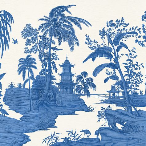 Iksel Exotic Chinoiserie Chinoiserie Mural, Blue And White Wallpaper, Schumacher Wallpaper, Chinoiserie Pattern, Chinoiserie Blue, Scenic Wallpaper, Chinoiserie Decorating, The World Of Interiors, Luxury Flooring