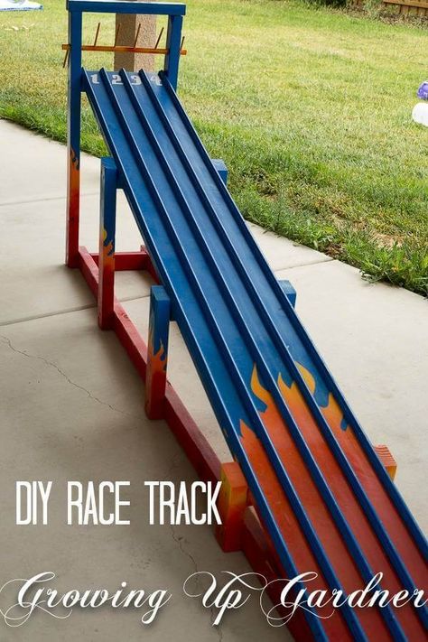 DIY Race Track | DIY Race Car Tracks for Kids - FarmFoodFamily Diy Race Track, Car Tracks For Kids, Hotwheels Birthday Party, Race Car Track, Hot Wheels Party, Hot Wheels Birthday, Hot Wheels Track, Monster Truck Party, Race Car Birthday Party