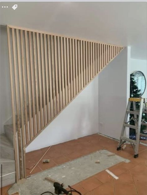 Slat Wall On Stairs, Wood Slats Stair Railing, Interior Stairs Wood, Modern Straight Staircase, Slatted Staircase, Wood Up, Exposed Staircase, Staircase Banister Ideas, Staircase Interior Design