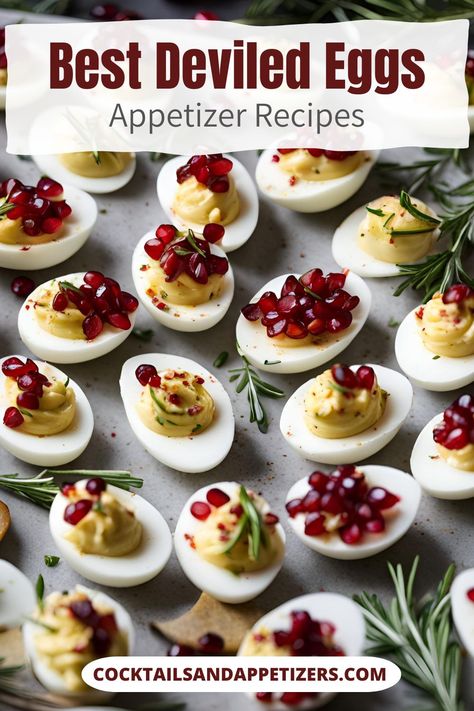 Best deviled eggs recipe that is such an easy to make Christmas treat. Perfect party food for your Christmas party! These homemade deviled eggs are garnished with pomegranate seeds and a sprig of rosemary that looks like a little Christmas tree. An appetizer recipe idea you are going to love. Unique garnish ideas for deviled egg recipes. Easy To Make Christmas Treats, Recipe For Deviled Eggs, Simple Deviled Eggs Recipe, Best Deviled Eggs Recipe, Sweet Appetizers, Deviled Egg Recipes, Garnish Ideas, Sweet Appetizer, Devilled Eggs