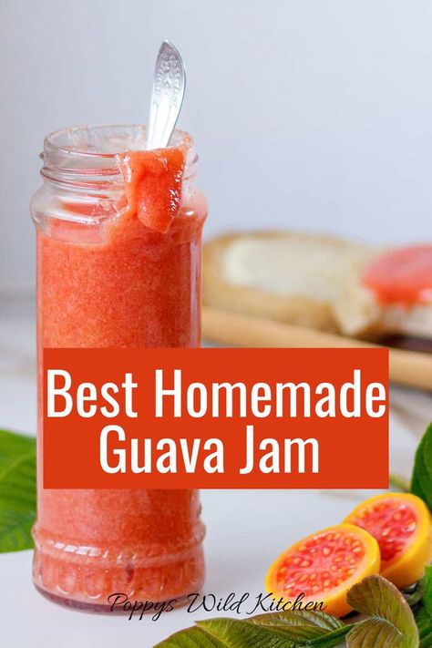 Jar of homemade guava jam dripping over the lid. Guava Preserves Recipe, Recipes With Guava Fruit, Guava Jam Recipe, Guava Recipes, Filipino Dessert Recipes, Guava Jam, Guava Fruit, Puerto Rican Recipes, Jam Recipe